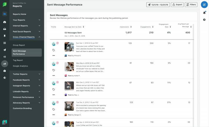 Capture d'écran du rapport de performance Sprout Social Sent Messages, montrant les impressions et les engagements de diverses publications Instagram.