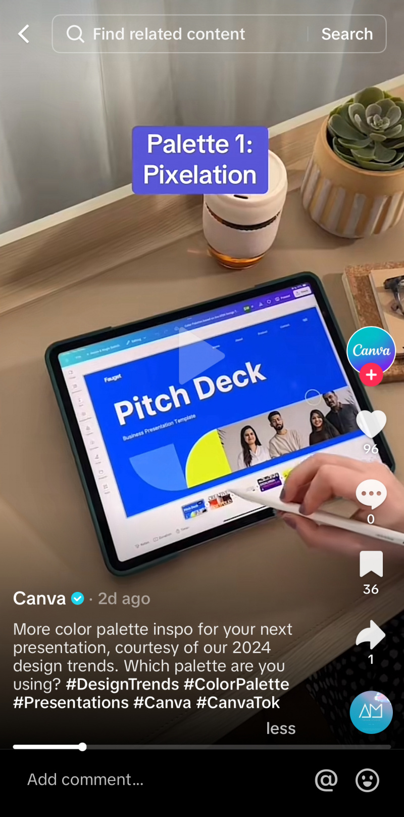   Ένα παράδειγμα Canva's TikTok video with a caption that has keywords and hashtags. 