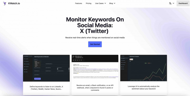 Esta es una captura de pantalla del sitio web KWatch.io, que ofrece funciones de monitoreo de Twitter. La herramienta proporciona alertas en tiempo real cuando se mencionan palabras clave en Twitter, así como análisis de sentimiento y otras funciones.