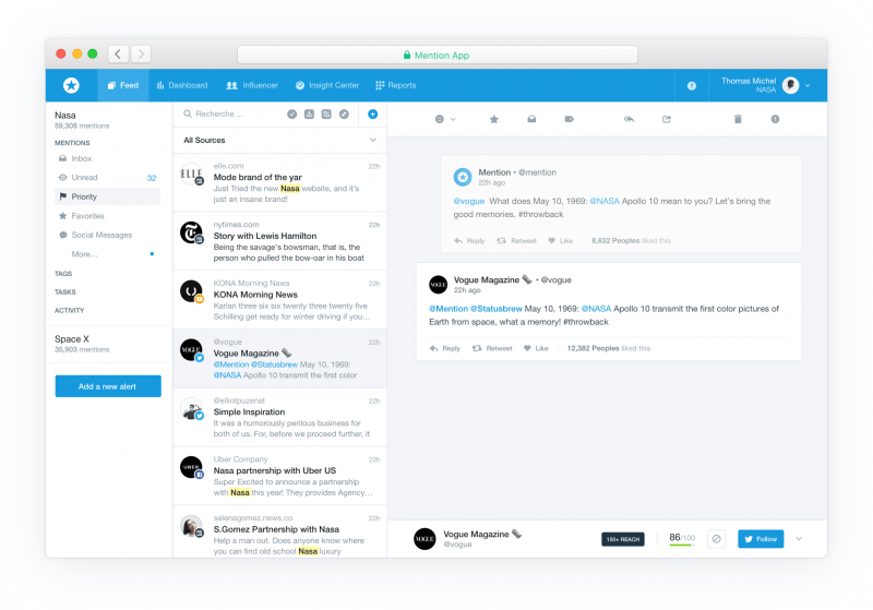Esta imagen muestra una captura de pantalla de una herramienta de monitoreo de Twitter llamada Mencionar que's tracking mentions of the NASA account. The tool highlights tweets related to the NASA Apollo 10 mission, showing how Twitter monitoring tools can track specific events and conversations.