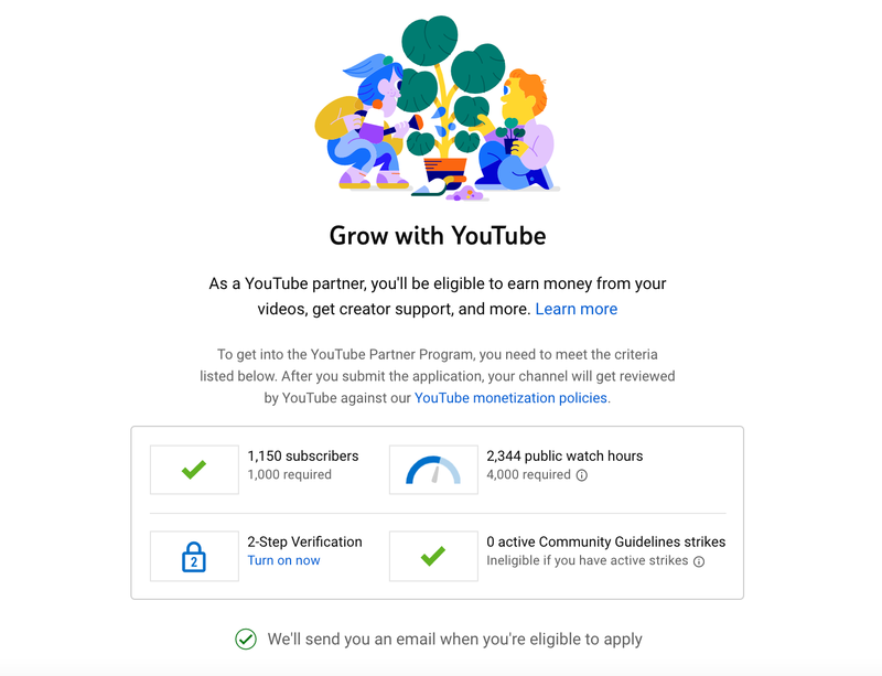 Esempio di screenshot di un elenco di controllo di qualificazione del Programma partner di YouTube.