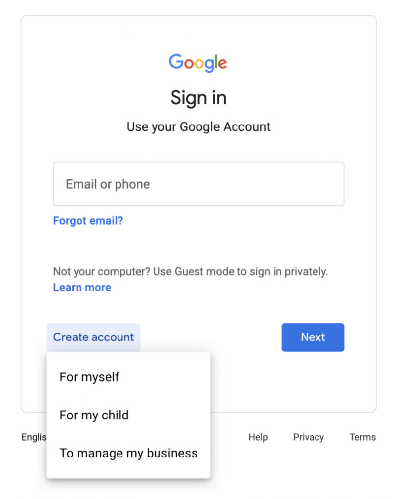 Googleov prozor za prijavu u kojem možete izraditi račun za sebe, svoje dijete ili za upravljanje svojim poslom.