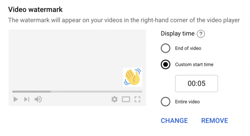 Primjer video vodenog žiga u donjem desnom kutu video makete. Prozor za prilagodbu video vodenog žiga daje vam mogućnost da podesite kada i koliko dugo se video vodeni žig pojavljuje.
