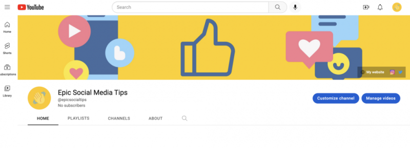 YouTube kanal sa jarko žutim logotipom emotikona koji maše rukom i jarko žutom slikom bannera s nekoliko ikona društvenih medija u potpunosti je postavljen.