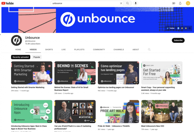   UnBounce's YouTube channel where the first playlist's thumbnails all contain a person, the videos' title or theme in text and similar graphics.