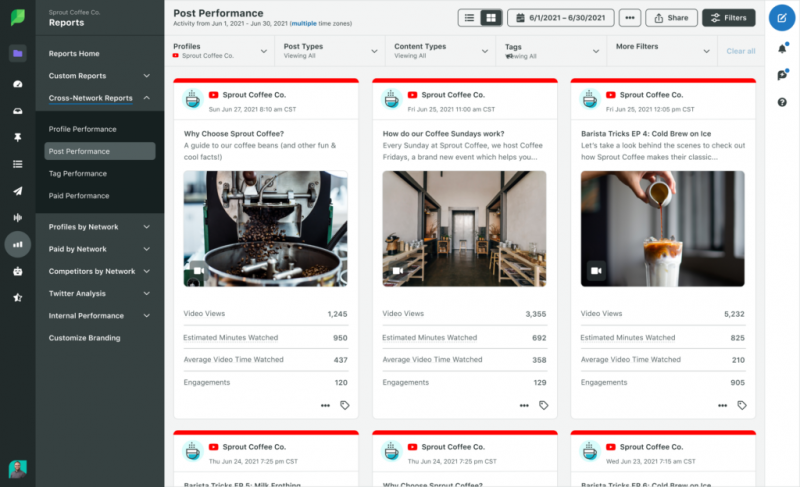 Sprout Social's YouTube Post Performance Report that ranks all YouTube videos by certain metrics, like engagement.
