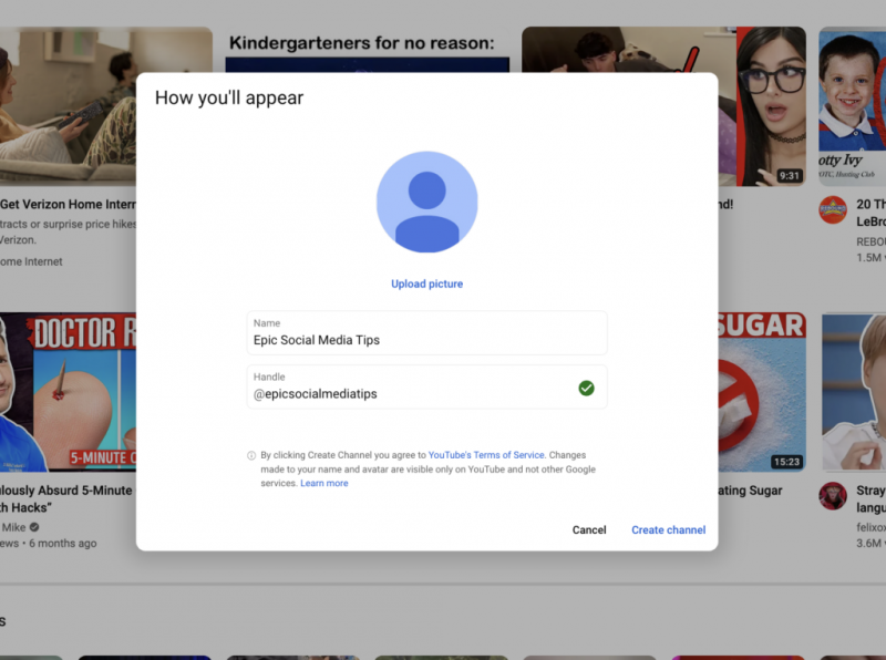 Skočni prozor kada stvorite naziv za svoj novi YouTube kanal.