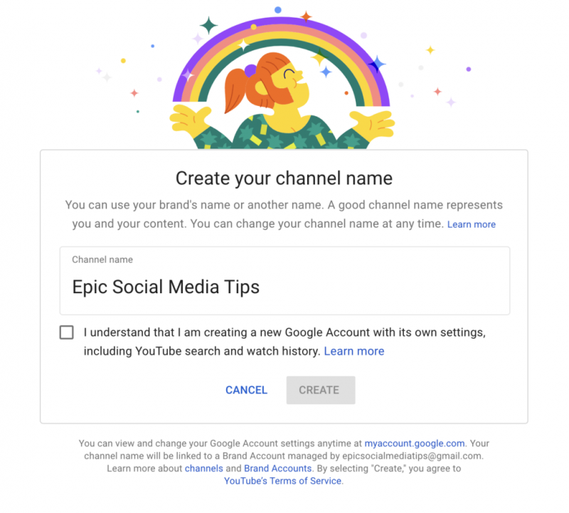 Grafika osobe i duge iznad njezine glave iznad prozora koji kaže kreirajte svoj kanal na YouTubeu. Ime našeg novog izmišljenog kanala je Epic Social Media Tips.