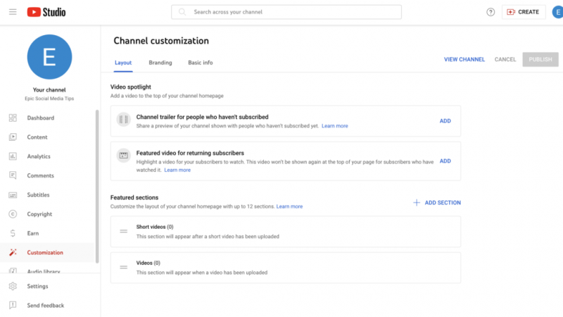 Prozor za prilagodbu kanala u kojem ste're prompted to adjust three areas of your YouTube channel: your layout, branding or basic info.