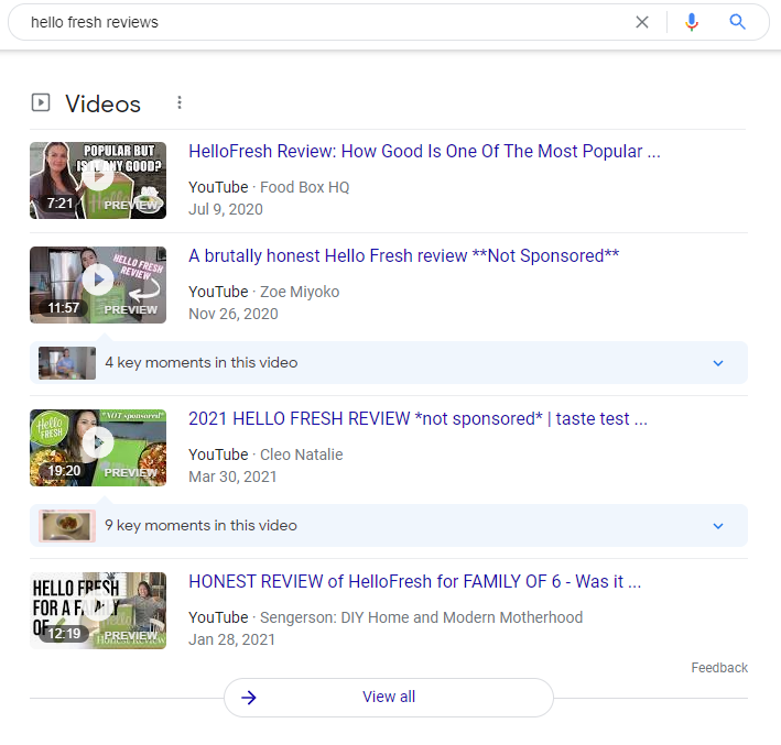 Screenshot dei contenuti di YouTube nei risultati di ricerca di Google, come prova del funzionamento della SEO di YouTube.