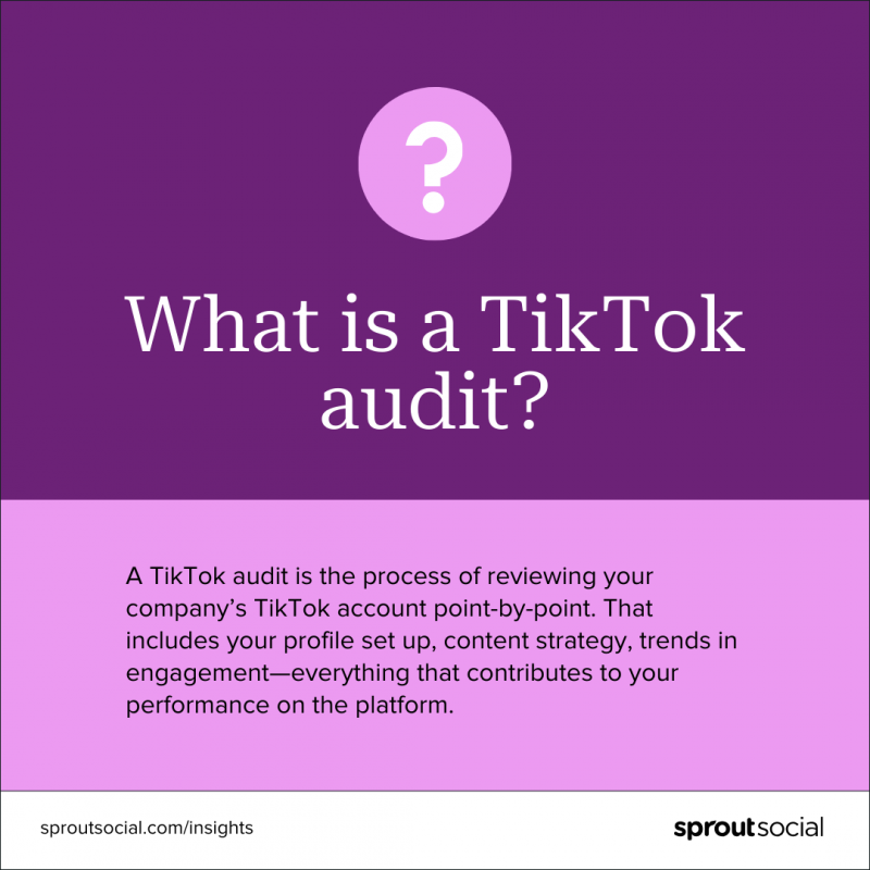   Un grafico basato su testo che dice:"What is a TikTok audit? A TikTok audit is the process of reviewing your company&rsquo;s TikTok account point-by-point. That includes your profile set up, content strategy, trends in engagement&mdash;everything that contributes to your performance on the platform."
