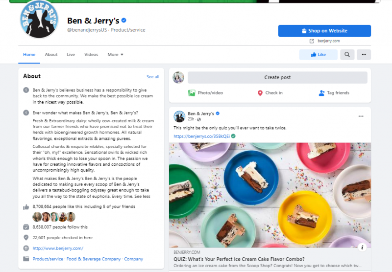   Ben i Jerry's Facebook profile includes a great social media bio.
