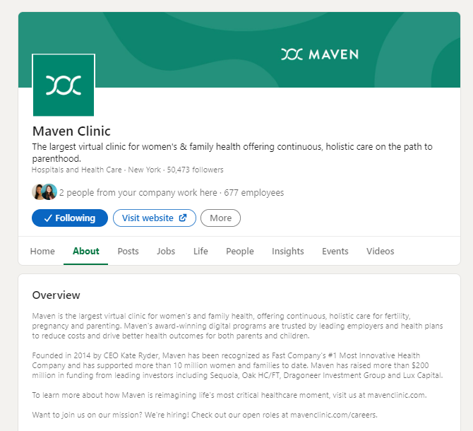   Klinika Maven's LinkedIn Company Page includes a great social media bio.