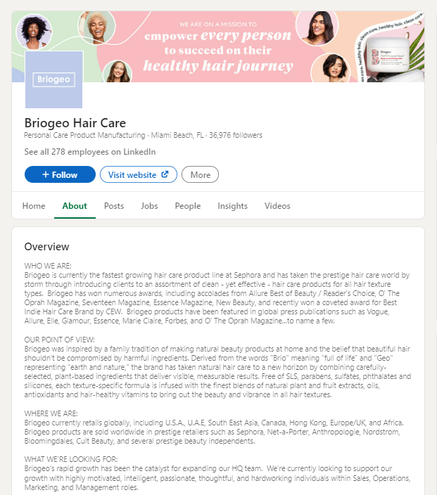   Briogeo's LinkedIn Company Page includes a great social media bio.
