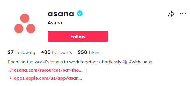   Asana's TikTok account includes a great social media bio.