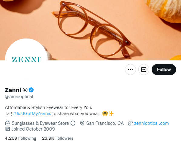   Zenni's Twitter account includes a great social media bio.