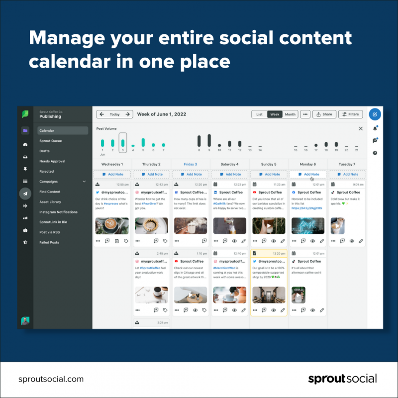   Capture d'écran de Sprout Social's content calendar showing upcoming posts across social media platforms