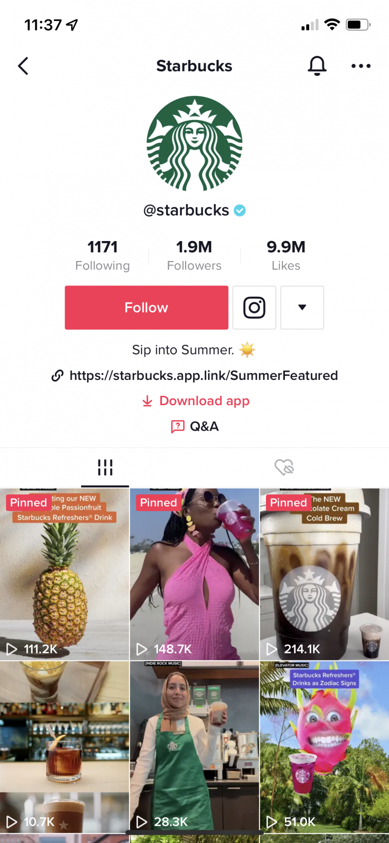   Une capture d'écran du compte Starbucks TikTok
