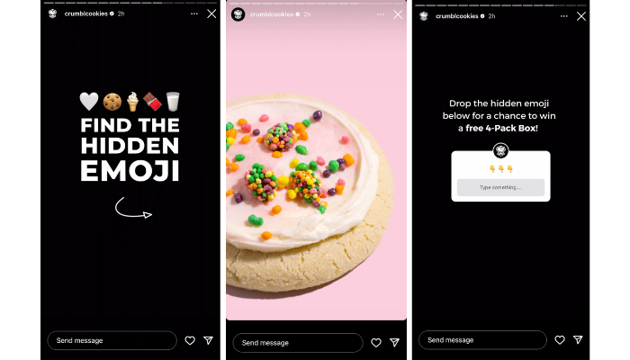 Crumble's Instagram story featuring a cookie with sprinkles on it where there is a hidden emoji the audience is prompted to look for