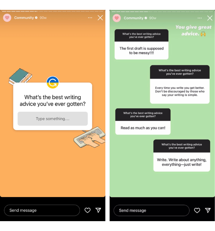 Grammaire's Instagram story featuring a question sticker encouraging viewers to submit their best writing advice, and a screenshot of the follow up story featuring their reshared answers