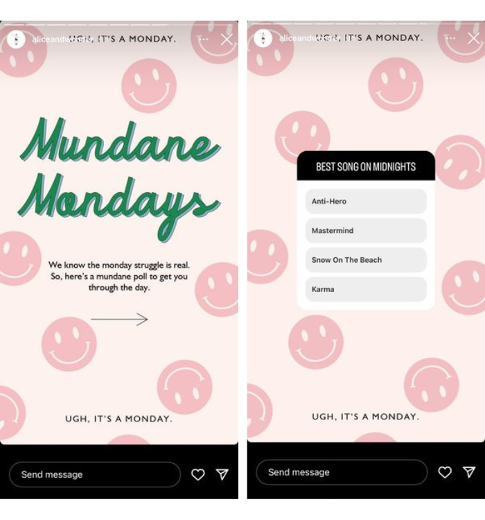 Alice et Merveille's Story featuring a quiz sticker prompting audiences to vote for the best song on Taylor Swift's latest album