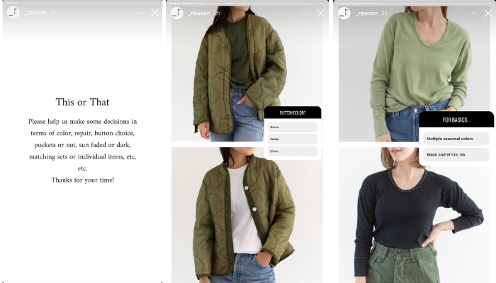 Une capture d'écran de la marque de vêtements Rawson's This or That instagram story