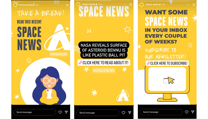 Planétarium Adler's Instagram Story featuring their bright yellow story templates