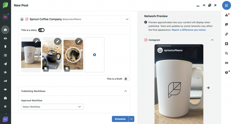 Une vue de Sprout's tool showing that you can import Canva images directly from Canva, and that you can schedule Instagram Stories