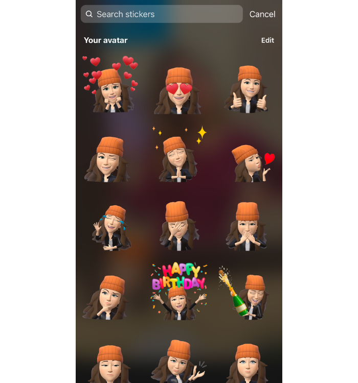 Une capture d'écran montrant des méta-avatars faisant différentes expressions que vous pouvez utiliser dans les histoires Instagram