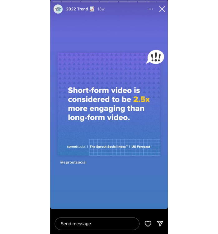 Une histoire sociale Sprout qui utilise un autocollant de point d'exclamation animé pour souligner la statistique écrite à l'écran