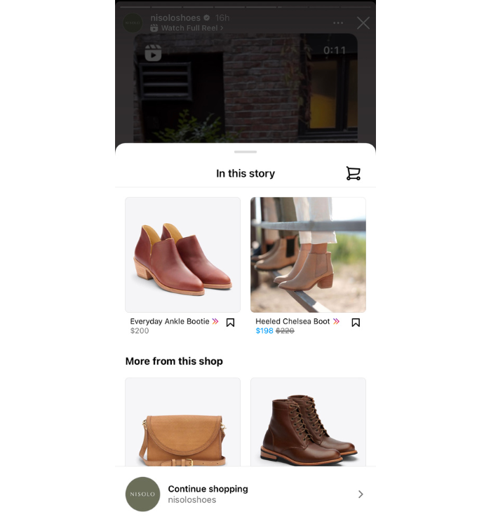 Une histoire de Nisolo où leurs chaussures peuvent être achetées directement via Instagram