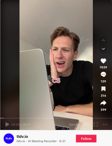 Snimka zaslona TikTok-a od TLDV.io gdje osoba koja gleda u zaslon svog prijenosnog računala predstavlja različite likove.