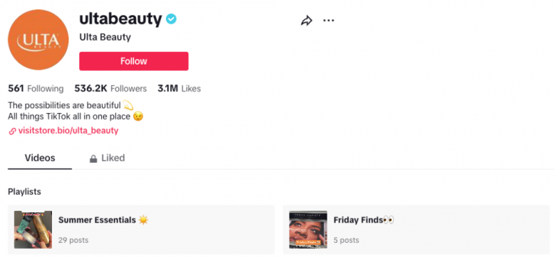 Snimka zaslona Ulta Beauty's TikTok profile on desktop, and below the bio section, there are you TikTok playlists for grouped viewing options.