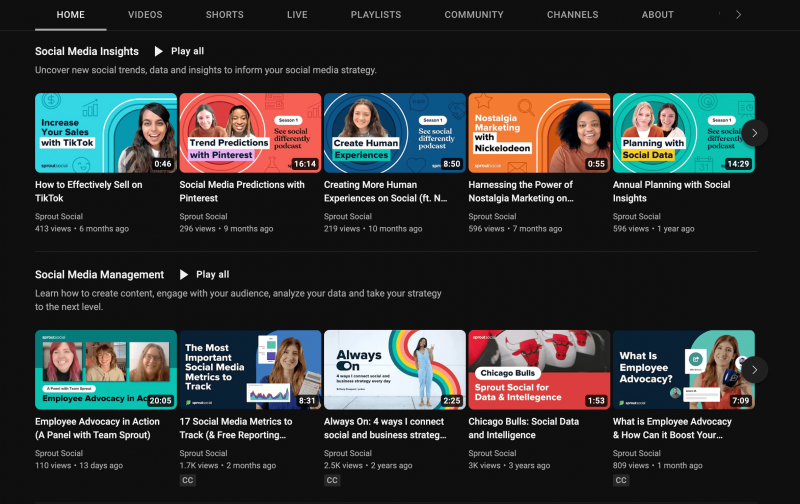 Početna stranica YouTube kanala Sprout Social