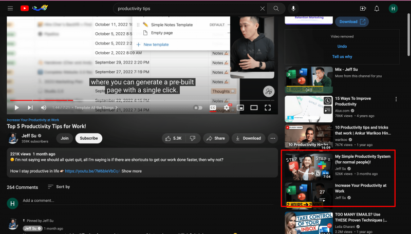 Prozor YouTube videoplayera s popisom predloženih videozapisa na desnoj strani i crvenim okvirom oko dva videozapisa s istog popisa za reprodukciju koji se predlažu