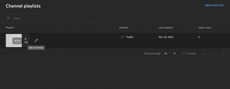 Izbornik na YouTubeu za uređivanje popisa za reprodukciju na YouTubeu