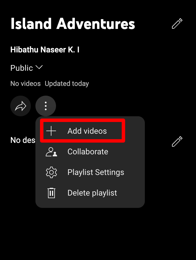 Izbornik na YouTubeu za dodavanje videozapisa na postojeći popis za reprodukciju