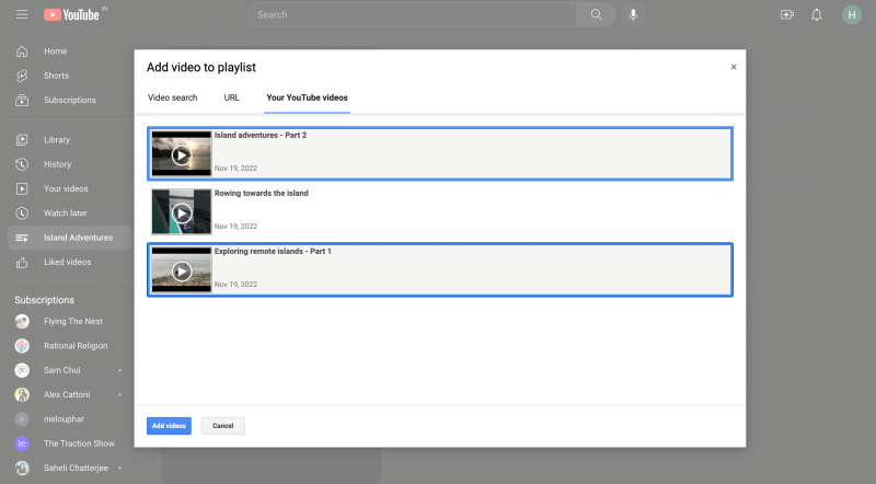 Izbornik na YouTubeu za odabir videozapisa za dodavanje na popis za reprodukciju