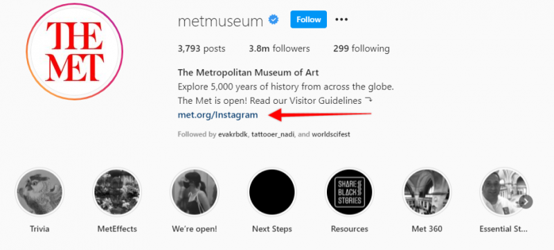   freccia che punta all'URL personalizzato del Met Museum's Instagram bio