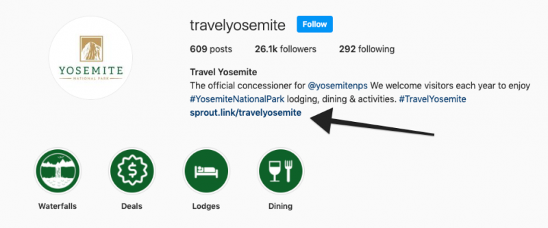   travel yosemite IG bio che mostra germoglio.link