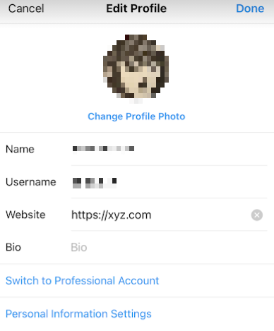  Pagina di modifica del profilo Instagram con campo URL compilato
