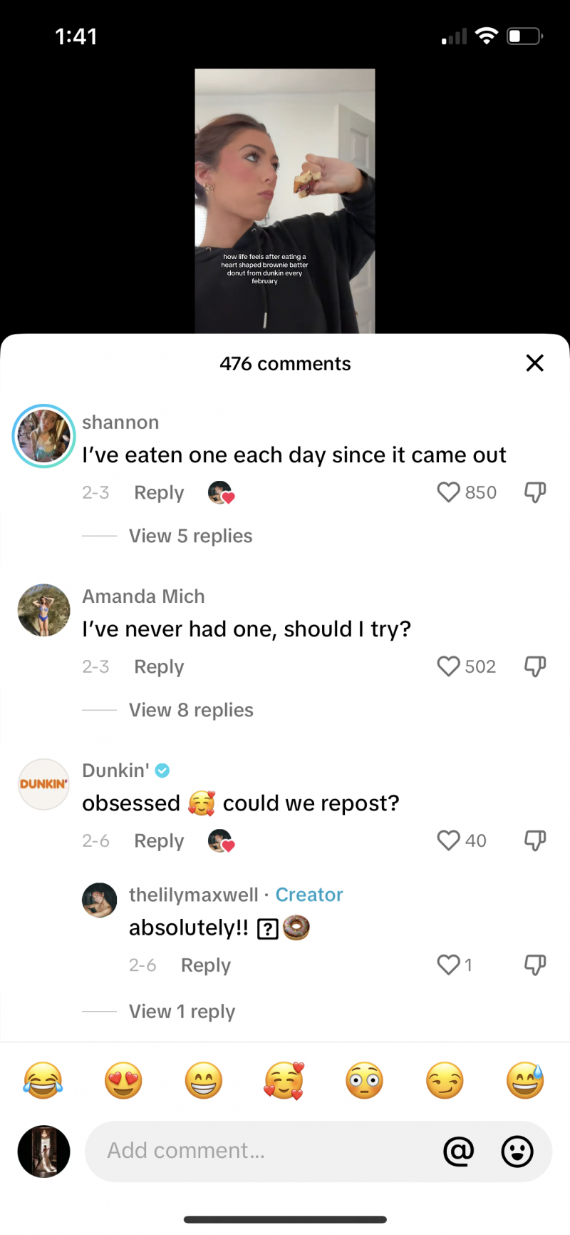   Στιγμιότυπο οθόνης του Dunkin' asking a customer if they can repost a UGC video on TikTok