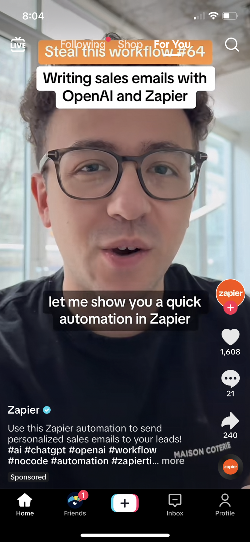   Ένα στιγμιότυπο οθόνης μιας διαφήμισης TikTok που προβάλλεται από τον Zapier