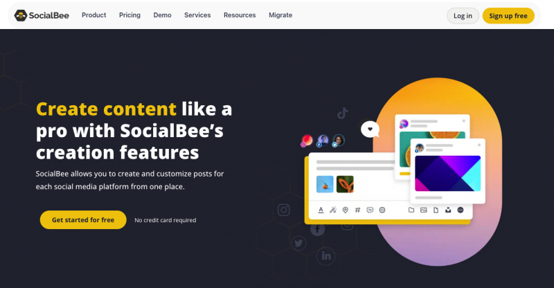   Posnetek zaslona domače strani spletnega mesta SocialBee.