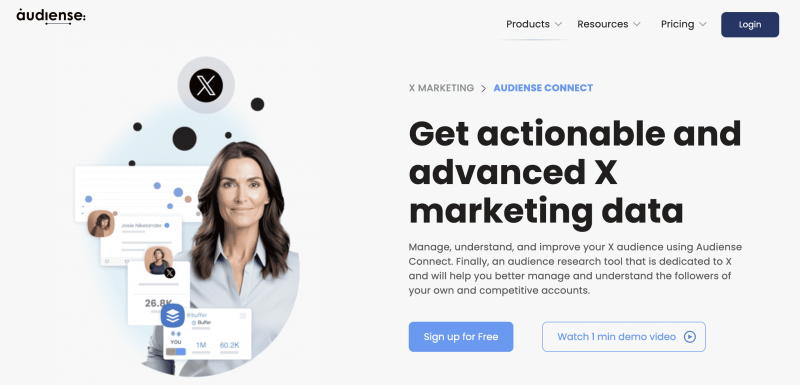   Posnetek spletnega mesta Audiense Connect z veselo žensko, meritvami družbenih medijev in naslovom, ki obljublja"Get actionable and advanced X marketing data."