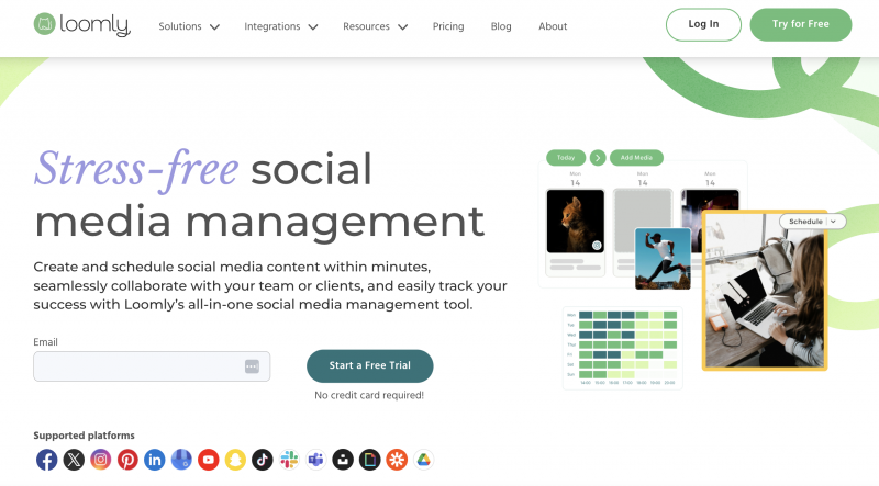   Loomy domača stran z besedilom, ki se glasi"stress-free social media management"