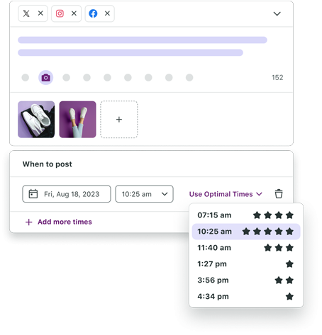   Posnetek zaslona Sprout Social's Compose box with the "Use Optimal Times" dropdown selected with several times provided as options of when to schedule social media posts for the highest engagement.