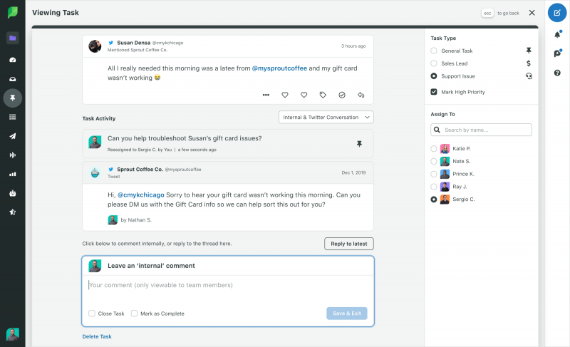   Zaslon za upravljanje interakcije s podporo strankam. Stranka Susan je tvitnila, da njena darilna kartica ni't working. The tweet is captured in a task that&rsquo;s marked as a support issue, assigned to Sergio C., and marked high priority. The platform automatically replied to the customer asking to DM for gift card information. An internal note can be left, or the latest message in the thread can be replied to.