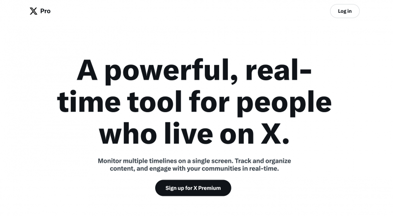   Spletna stran z besedilom"A powerful, real-time tool for people who live on X." There is a button that says "Sign up for X Premium" and another button that says "Log in." The background of the webpage is white.