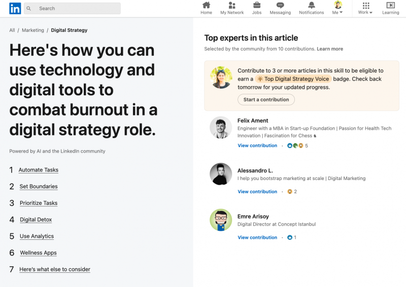 Un ejemplo de artículo colaborativo en LinkedIn.